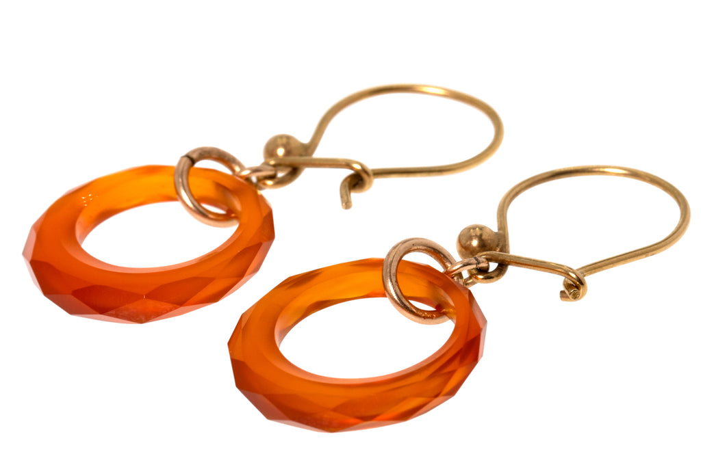 Art Deco 9ct Gold Faceted Carnelian Drop Earrings