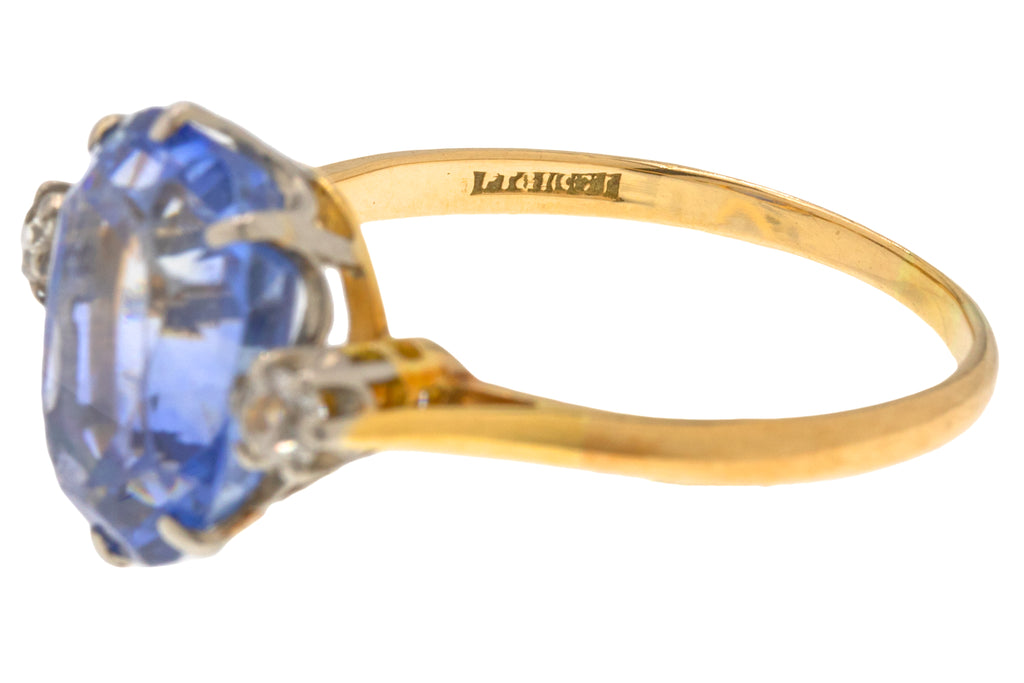 18ct Gold Natural Sapphire Diamond Trilogy Ring , 4.20ct Sapphire