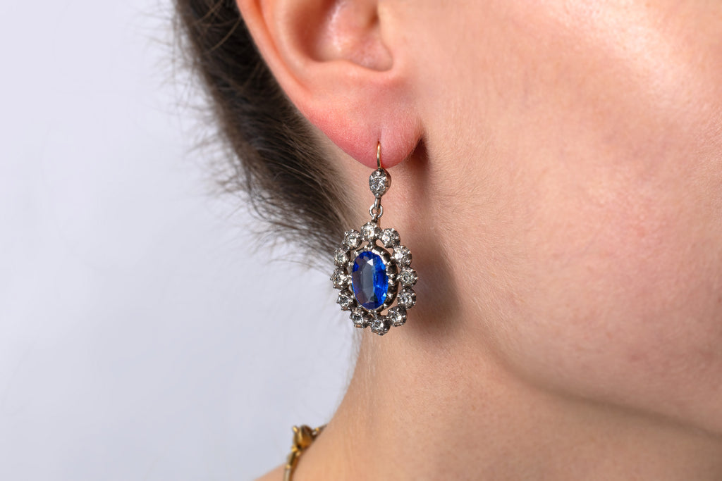 Georgian Blue Paste Drop Earrings, 9ct Gold Hooks