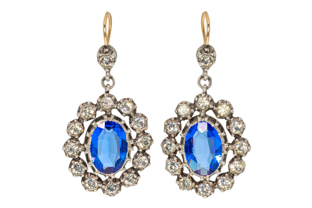 Georgian Blue Paste Drop Earrings, 9ct Gold Hooks