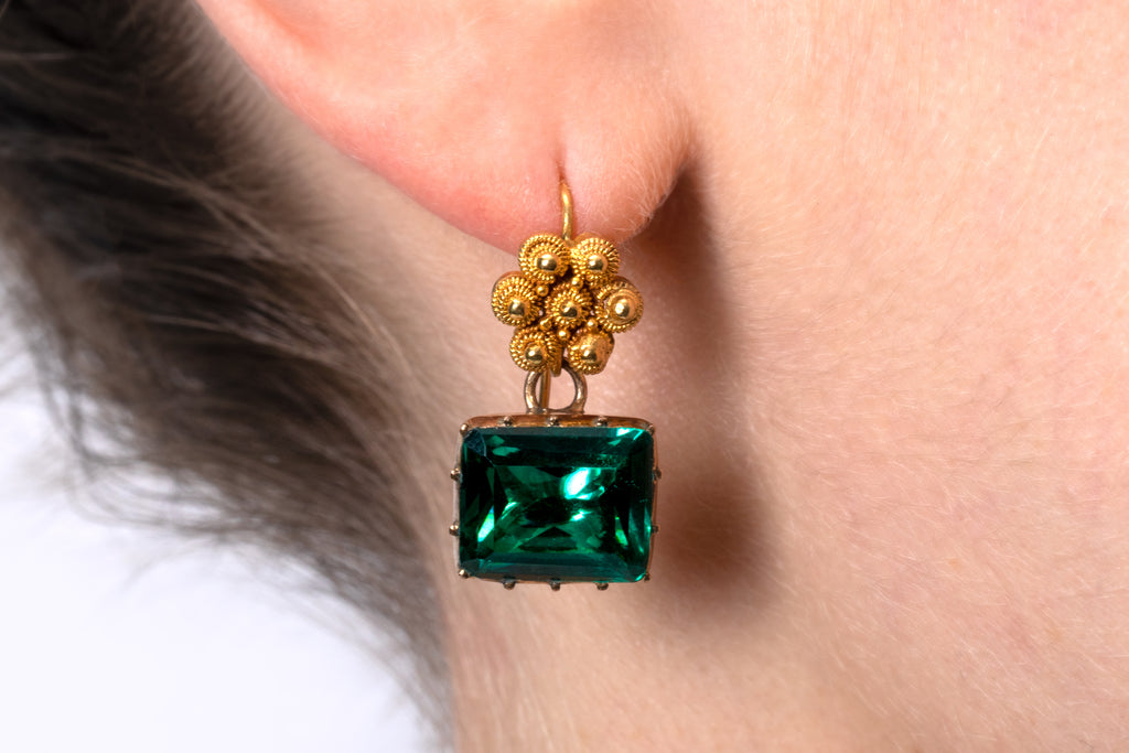 Georgian 18ct Gold Cannetille Green Paste Drop Earrings, Flower Motif