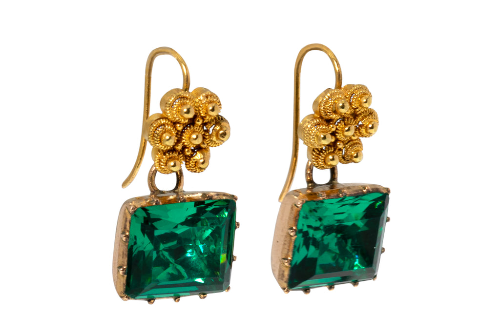 Georgian 18ct Gold Cannetille Green Paste Drop Earrings, Flower Motif