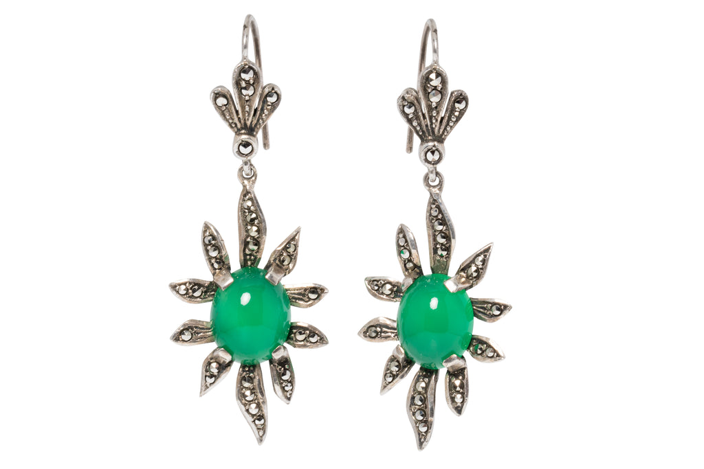 Art Deco Green Chrysoprase Marcasite Flower Drop Earrings