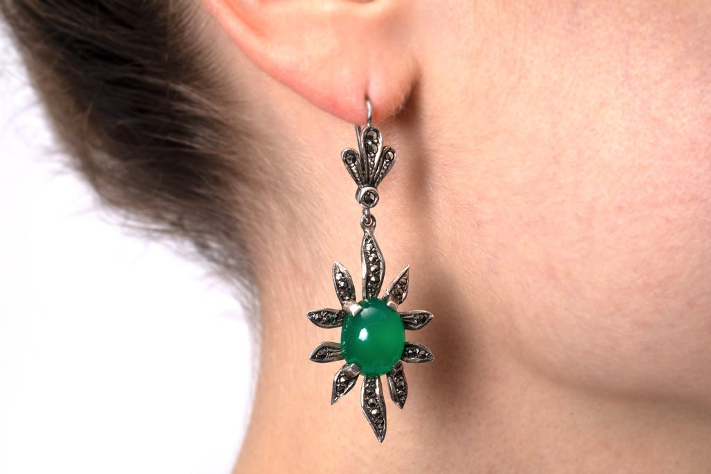 Art Deco Green Chrysoprase Marcasite Flower Drop Earrings