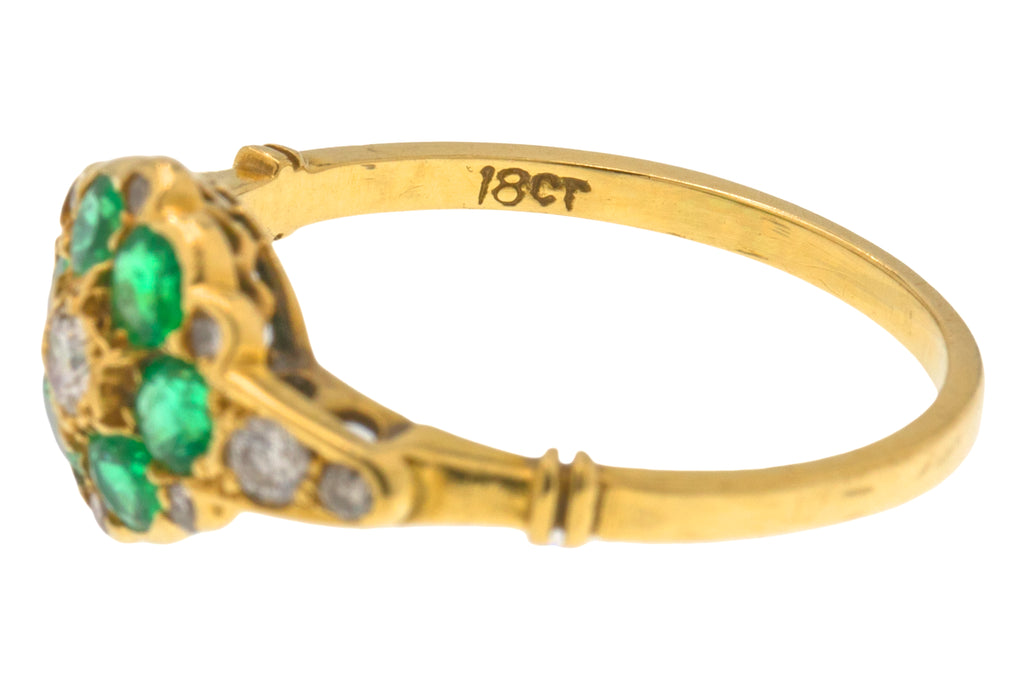 Antique 18ct Gold Emerald Diamond Flower Cluster Ring, 0.30ct Emerald