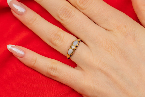 Early Victorian 18ct Gold Blue Enamel Opal Diamond Trilogy Ring