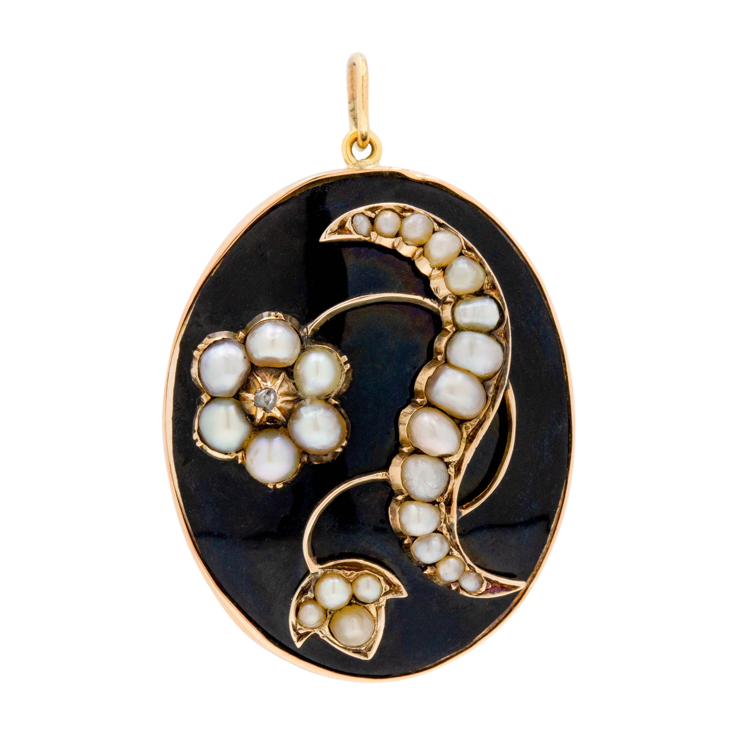 Pear Locket Antique 18ct Gold Black Enamel Pearl Locket