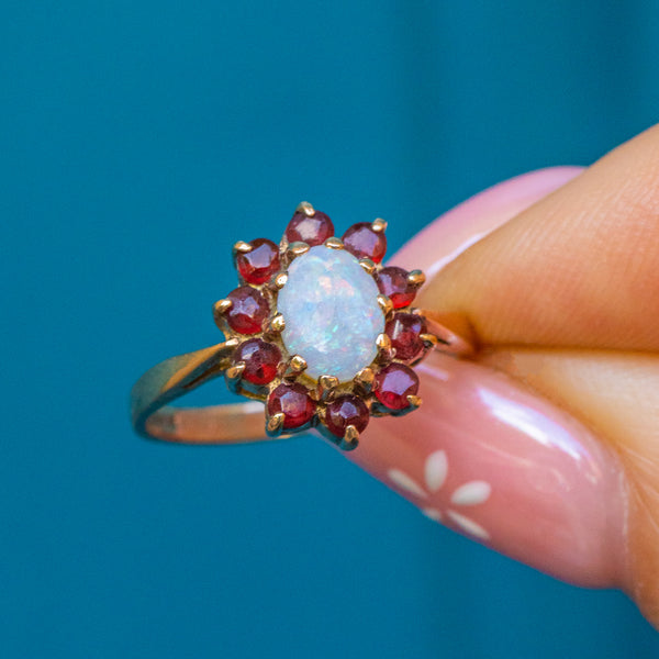9ct Gold Opal Garnet Flower Cluster Ring, Opal - Main Image