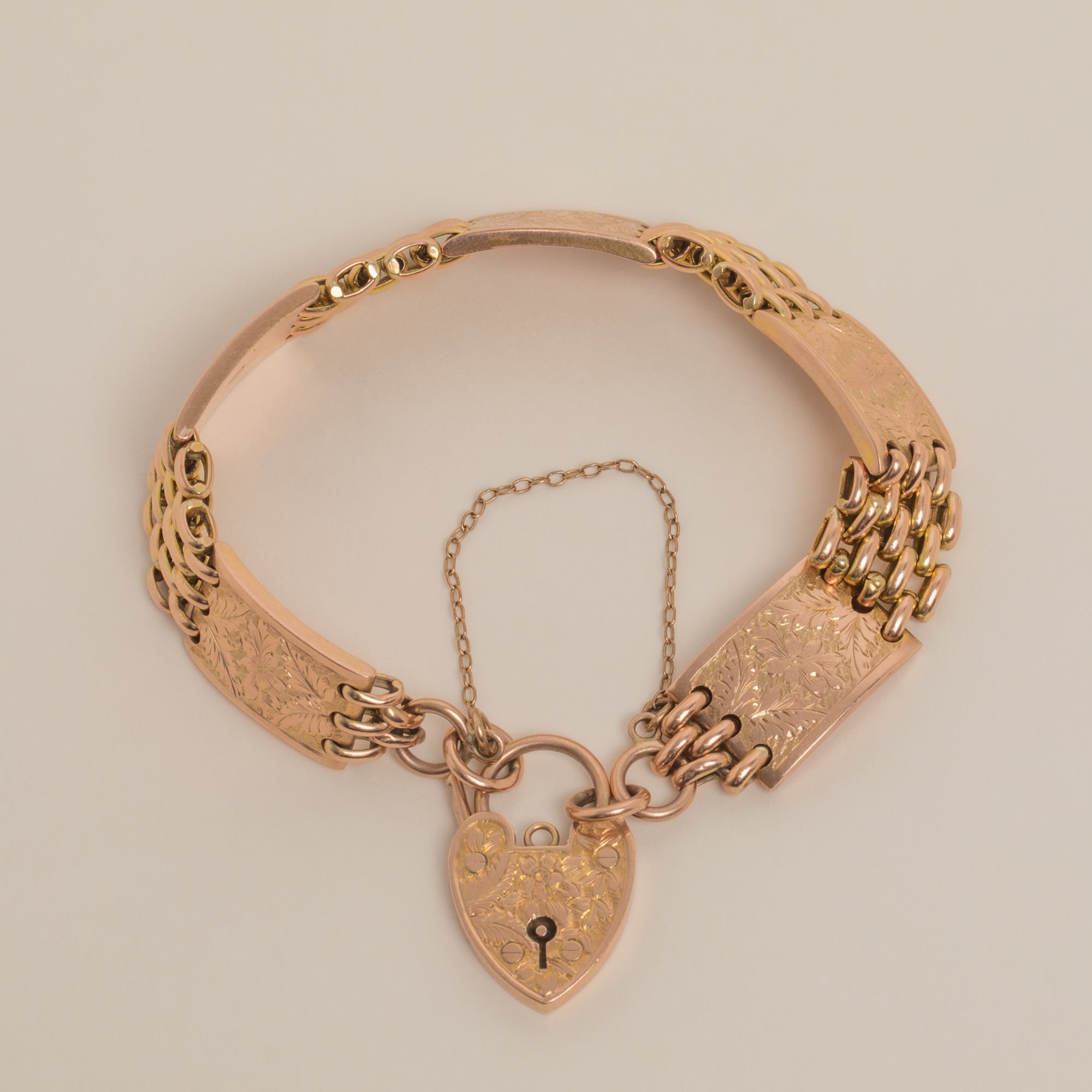 Gate Bracelets Antique 9ct Gold Engraved Gate Bracelet, Heart Padlock