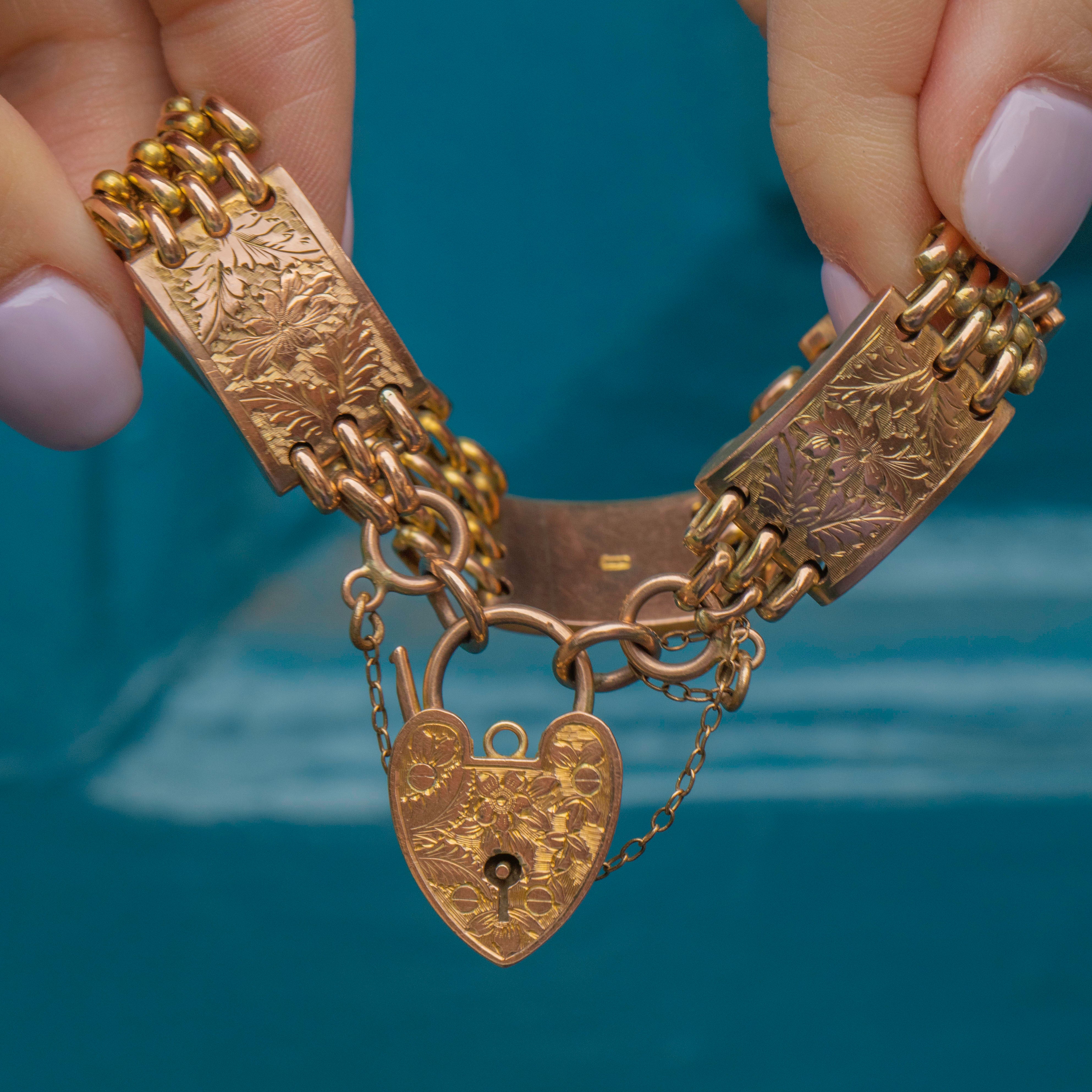 Gate Bracelets Antique 9ct Gold Engraved Gate Bracelet, Heart Padlock