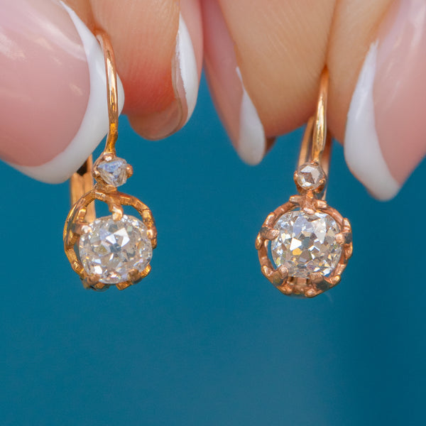 French Antique 18ct Gold Diamond Dormeuse Earrings total