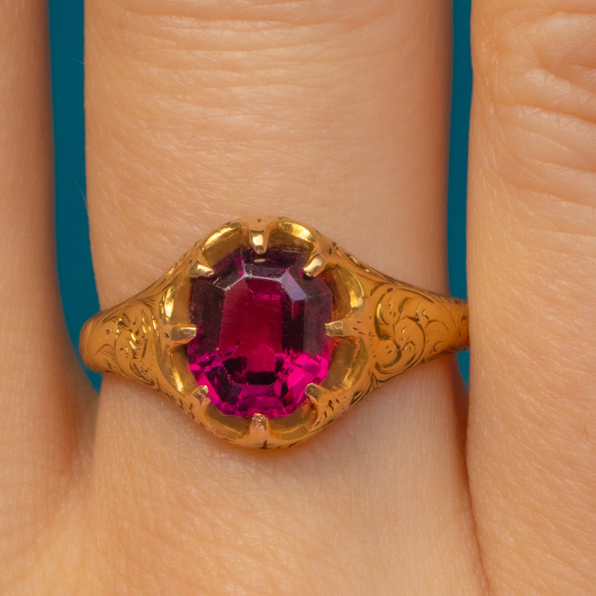 Garrett Ring Victorian 18ct Gold Engraved Garnet Ring, 1.68ct