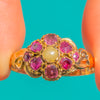 Ornate Victorian 15ct Gold Ruby Pearl Flower Cluster Ring, c.1866