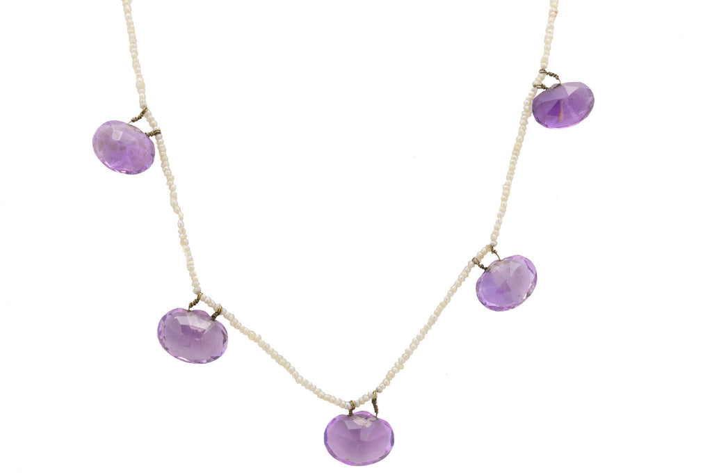 Edwardian 9ct Gold Amethyst & Seed Pearl Necklace, 25.55ct