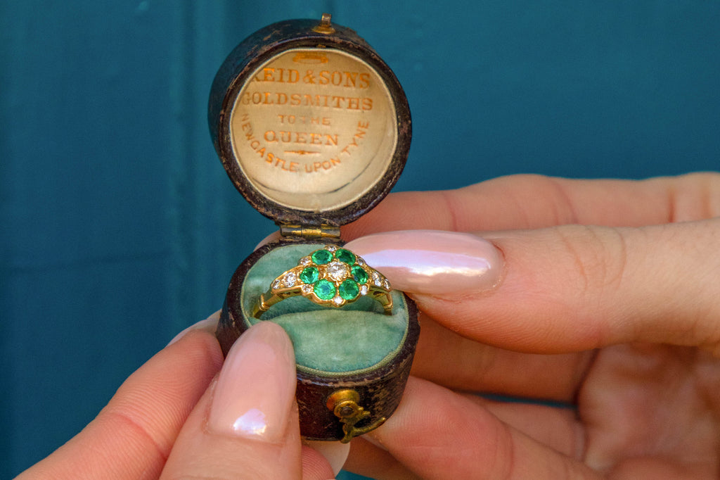 Antique 18ct Gold Emerald Diamond Flower Cluster Ring, 0.30ct Emerald