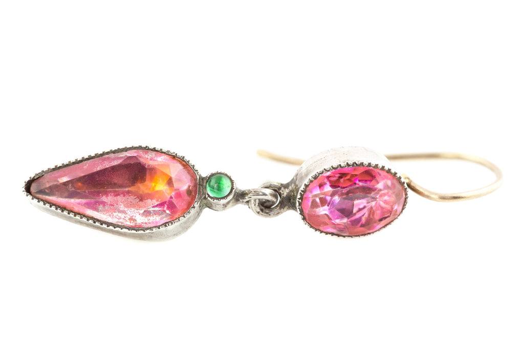 Georgian Pink & Green Paste Drop Earrings in Silver & Gold