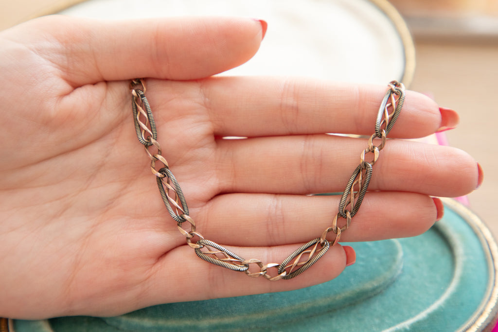 16" Victorian Niello Chain Necklace, Niello Bolt Ring