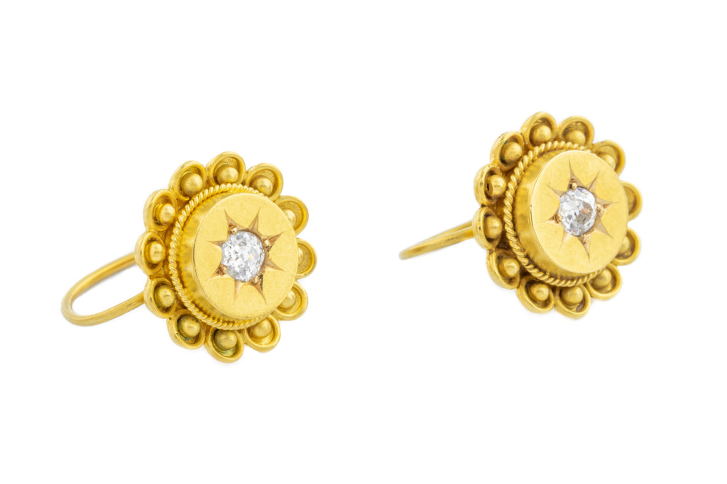 15ct Gold Victorian Etruscan Style Diamond Earrings (0.12ct)