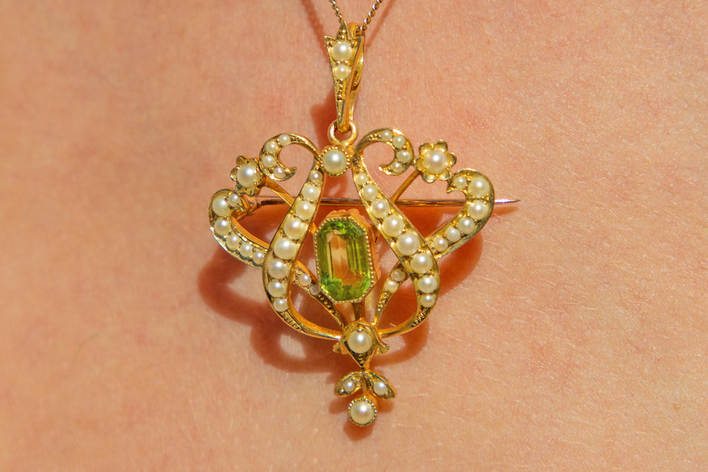 Edwardian 15ct Gold Peridot Pearl Drop Pendant, Original Fitted Box