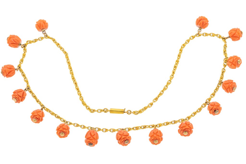 18" 15ct Gold Victorian Coral Roses Necklace