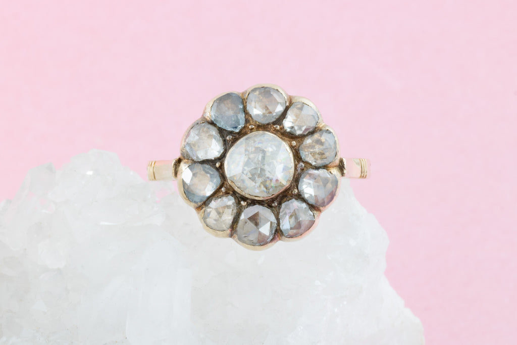Dreamy Antique Rose Cut Diamond Cluster Ring in 15ct Gold