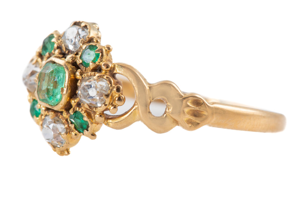 Georgian 18ct Gold Diamond Emerald Cluster Ring