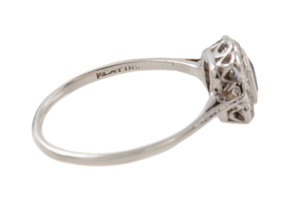Edwardian Platinum Sapphire Diamond Cluster Ring, (0.30ct)