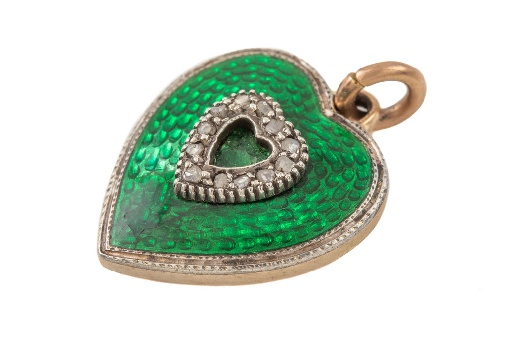 Edwardian 15ct Gold Enamel Heart Diamond Pendant, with Locket Back