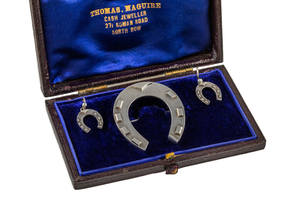 Victorian Silver Horseshoe Brooch and Earring set with Original Box, c.1886