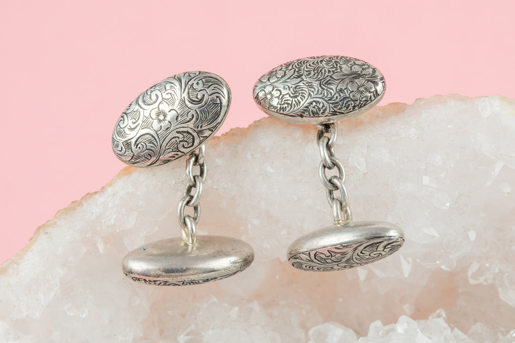 Victorian Silver Chased Oval Cufflinks