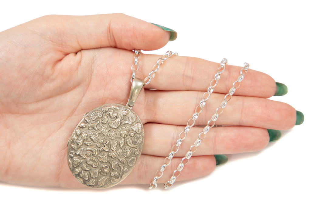 Large Victorian Silver Repoussé Locket with 24" Chain