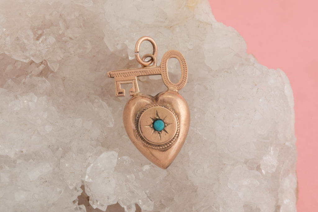Victorian Gold Turquoise Heart and Key Pendant