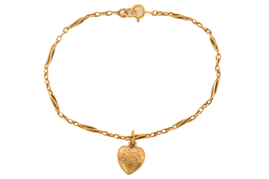 Victorian 15ct Gold Paperclip Bracelet with Heart Charm, 7&1/2"