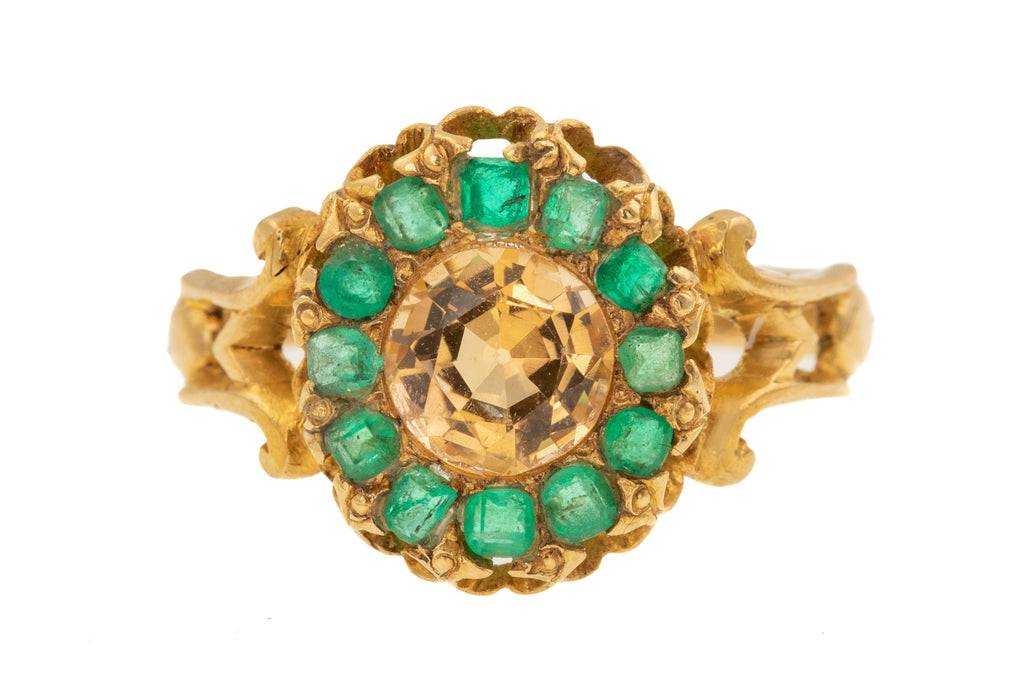 18ct Gold Emerald Topaz Cluster Ring, c.1871