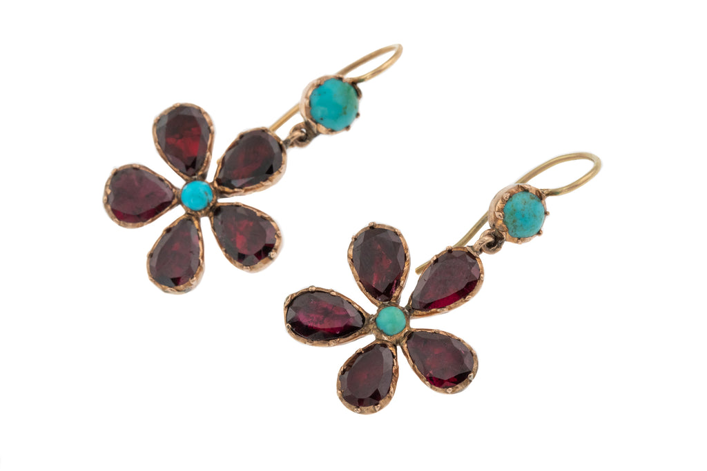 Georgian Garnet Turquoise Pansy Earrings, 9ct Gold