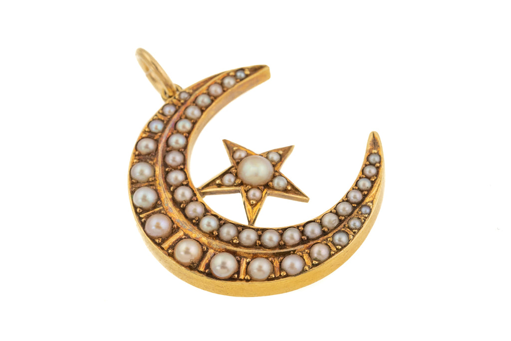 Victorian 18ct Gold Pearl Crescent Pendant