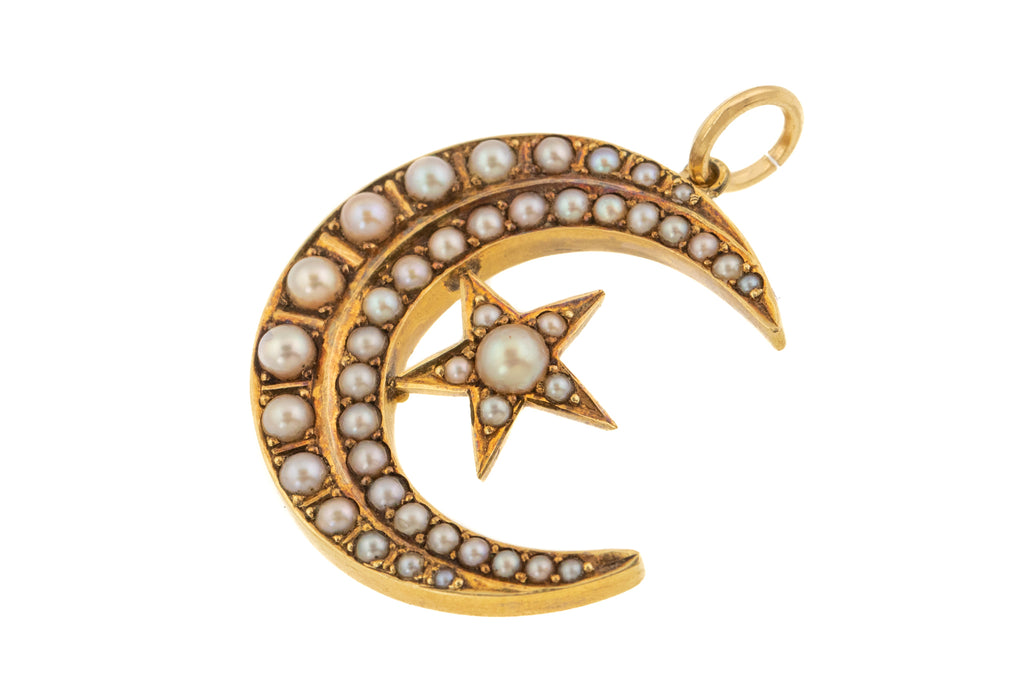 Victorian 18ct Gold Pearl Crescent Pendant
