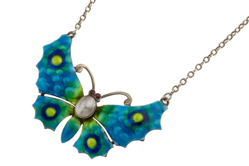 Art Nouveau Enamel Butterfly Silver Pendant, 17" Integral Chain
