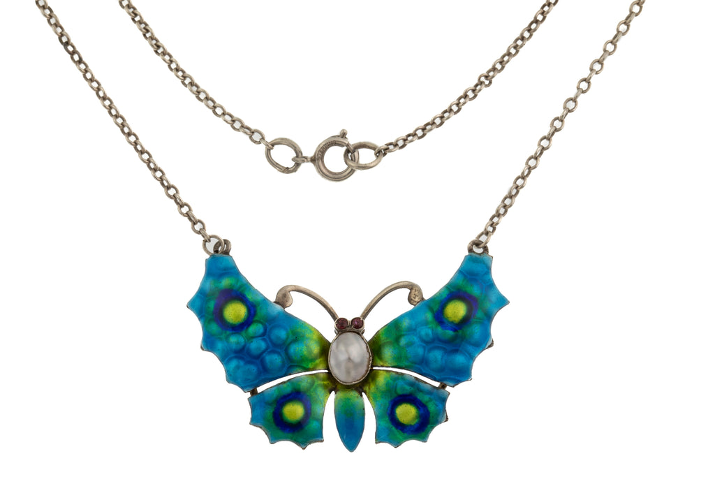 Art Nouveau Enamel Butterfly Silver Pendant, 17" Integral Chain