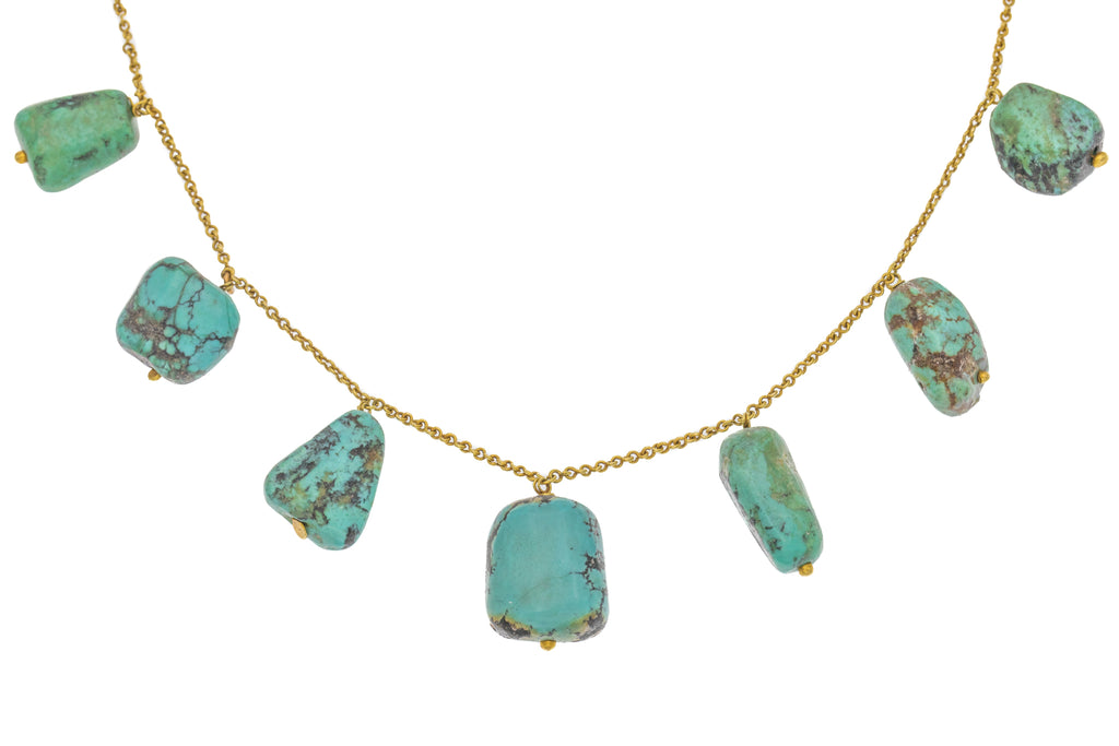 14.5" Victorian 18ct Gold Turquoise Fringe Necklace, 24.5g