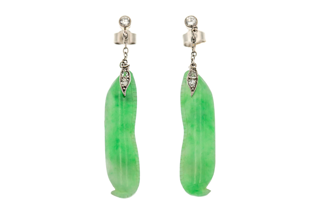 Art Deco Jade Diamond Lucky Bean Drop Earrings