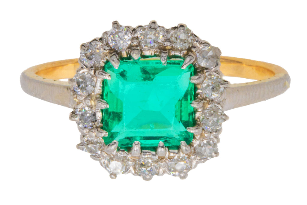 Antique Emerald Diamond Cluster Ring, 1.40ct Natural Emerald