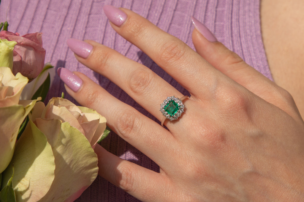 Antique Emerald Diamond Cluster Ring, 1.40ct Natural Emerald