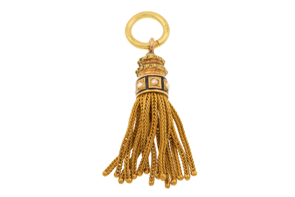Antique French 18ct Gold Tassel Pendant - Black Enamel Pearls