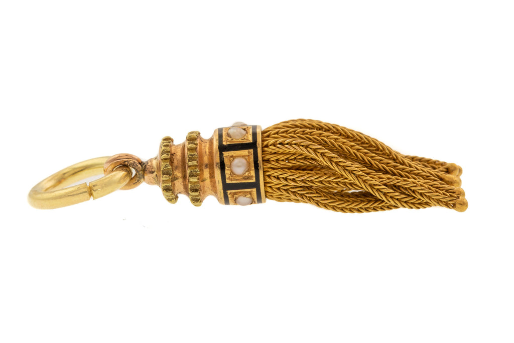 Antique French 18ct Gold Tassel Pendant - Black Enamel Pearls