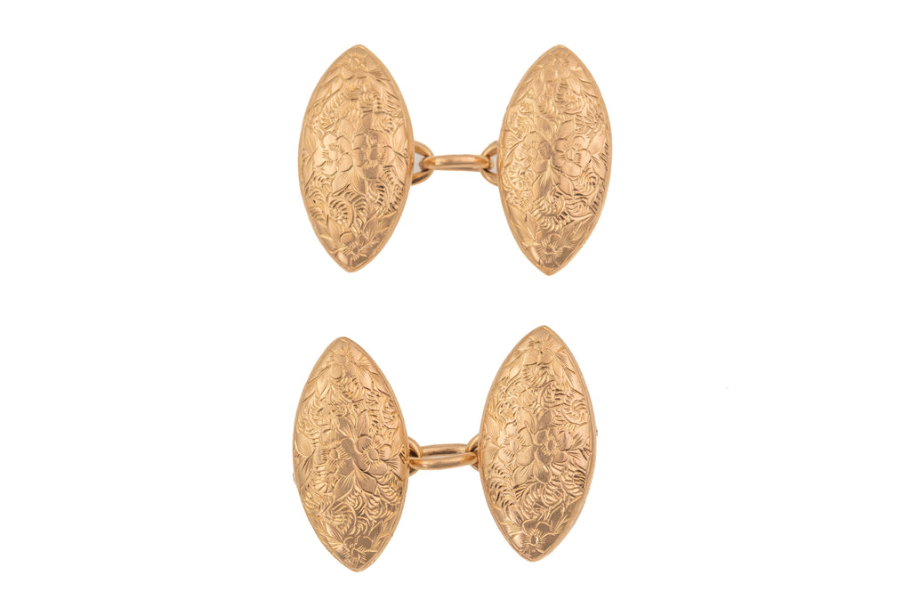 Edwardian 15ct Gold Engraved Cuff Links (8.8g)