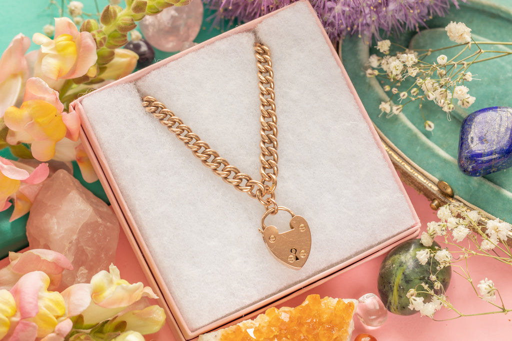 16" Heavy 9ct Rose Gold Albert Chain, with 2 x Matching Antique Dog-Clips and Heart Padlock (36g)