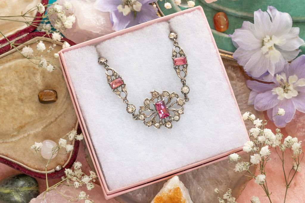 Antique Silver Pink Paste Fancy Necklace, 16"