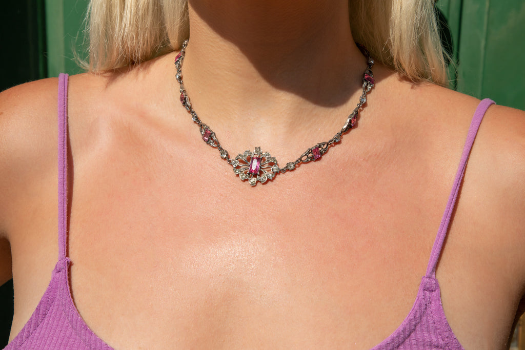 Antique Silver Pink Paste Fancy Necklace, 16"