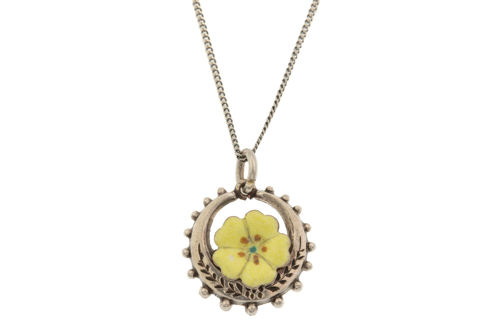 Silver & Enamel Pansy Charm, with 16" Chain